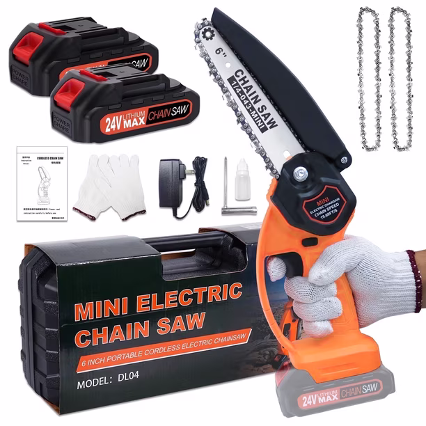 Motosierra Portátil NEXPOW 24V — 16CM, 2 Baterías, 2 Cadenas y Estuche